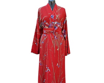 Vintage 90s deadstock silk red kimono robe with matching belt made in British Hong Kong