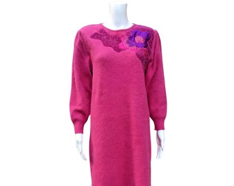 Vintage 1980s fuchsia pink angora kit sweater dress with velvet, satin and bead detail