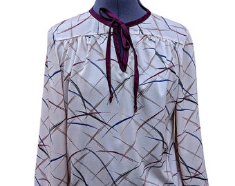 Discounted Vintage beige, maroon and navy long sleeve blouse