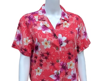 Vintage 90s Hawaiian shirt, coral and pink floral