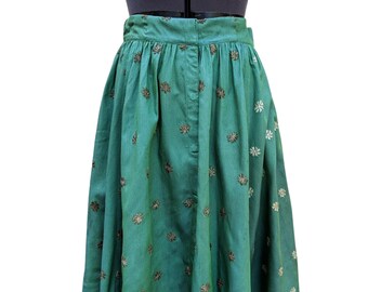 Vintage 40s or 50s green raw silk with metallic thread silver and gold flower embroidered skirt with pockets