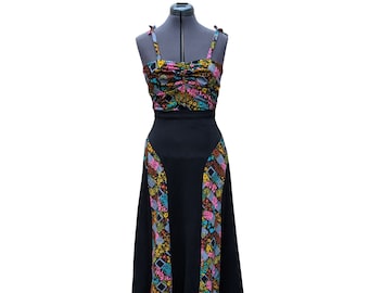 Vintage 70s black, pink, blue and yellow skirt and top dress set, 70s maxi skirt set