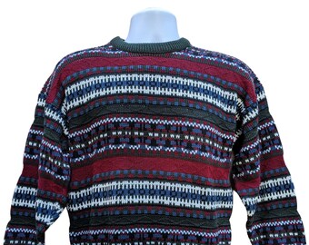 Vintage 80s or 90s dark green, maroon and blue fair isle 100% acrylic sweater made in USA