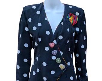 Vintage 80s or 90s navy and white polka dot blazer with heart buttons