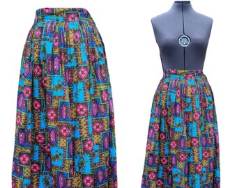 Vintage blue and pink colorful long novelty print skirt