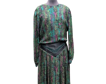 Vintage 100% silk and leather green, teal and purple splatter pattern dress