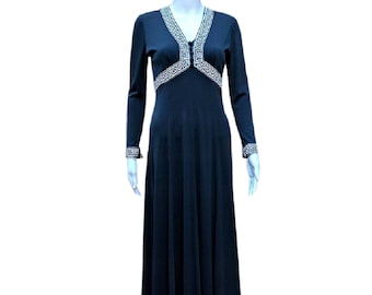 Vintage 60s black and silver long sleeve high waist maxi dress