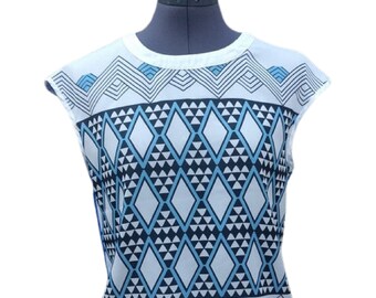 Vintage blue and white sleeveless blouse