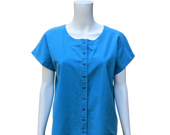Vintage 1980s blue cotton button down summer blouse