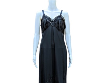 Vintage 1950's black nylon and chiffon slip with adjustable straps negligee, slip dress