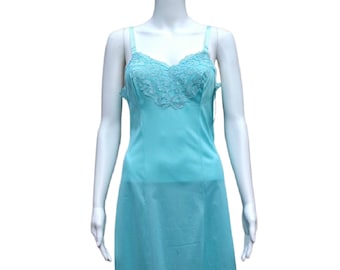 Vintage 50s or 60s aqua teal blue lace and nylon dress slip, deadstock