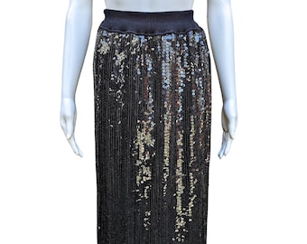 Vintage 80s black sequin mid-length skirt with beads on silk, elastic waist pencil skirt