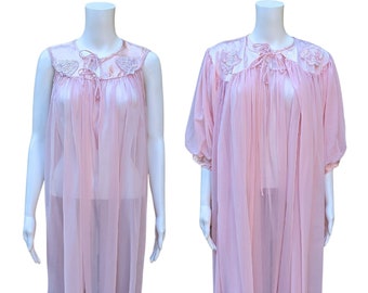 Vintage pink sheer nylon chiffon babydoll negligee and robe lingerie set