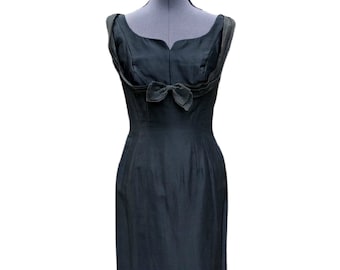 Vintage 50s black silk wiggle dress with sheer drape bow