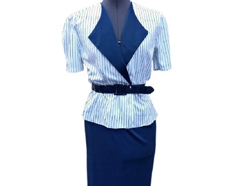 Vintage 70s or 80s navy and white striped peplum dress with belt