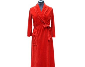 Vintage 1970 or 80s true red full length cotton velvet robe with elastic waist