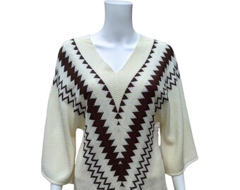 Vintage 70s ivory and brown v-neck knit sweater with wide sleeves, acrylic