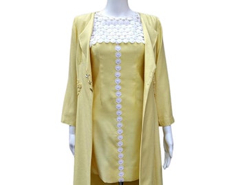 Vintage 60s sunshine yellow and white micro mini dress with three button formal jacket suit set