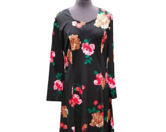 Vintage 70s black with large beige, red and brown floral dress