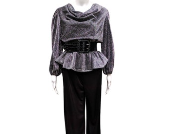 Vintage 70s silver and black peplum polyester and lamé jumpsuit