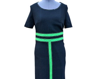 Vintage 60s black with lime green full lined 100% wool wiggle dress