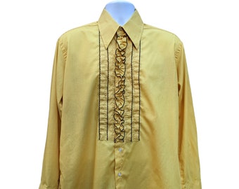 Vintage 70s ocher yellow ruffled tuxedo shirt with French cuffs