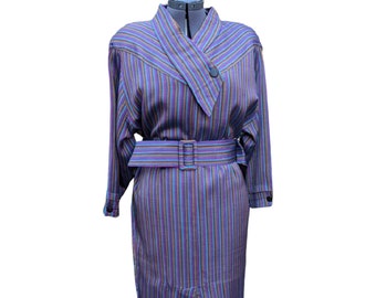 Vintage 1980s purple striped silk belted dress, Discounted