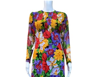 Vintage 80s silk and linen floral dress, bright yellow, purple and red with applique blooms