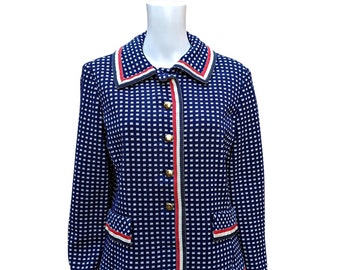 Vintage 60s blue and white check ladies blazer with red, white and blue ribbon edge