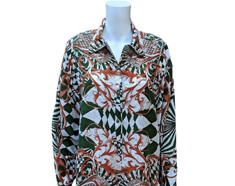 Vintage 90s white, green and brown print silk blouse