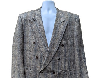 Vintage 80s gray and brown double breasted notched lapel silk and wool blend suit jacket blazer