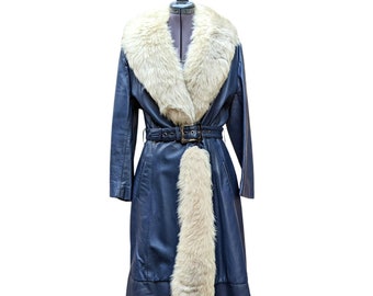 Vintage 1970's blue leather with creamy sheep wool collar and trim, belted coat with quilted lining