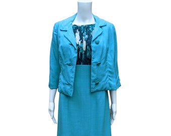 Vintage 60s teal blue 2 piece dress and jacket suit set