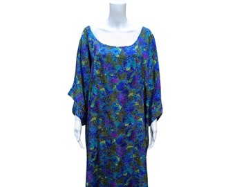 Vintage 1980s kaftan dress, blue, teal, purple and yellow wide sleeve thin polyester muumuu