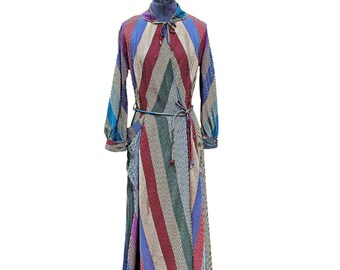 Vintage 30s or 40s silk taffeta striped gingham ladies robe, silk dressing gown, hostess dress
