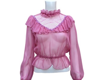 Vintage 70s sheer nylon and lace dusty rose ruffled collar blouse