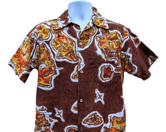 Vintage 60s brown and white Hawaiian shirt, Hawaiian button down shirt cotton, beach shirt