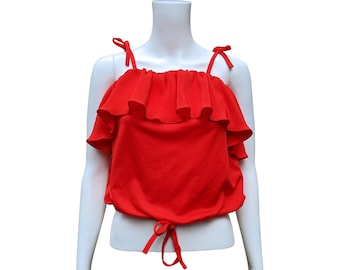 Vintage 70s red polyester cropped tank blouse with drawstring waist and accordion pleat ruffle