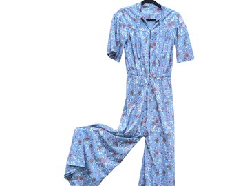 Vintage 70s blue floral polyester photoprint jumpsuit