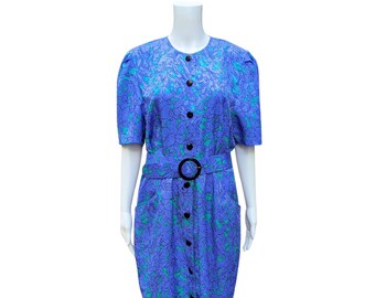 Vintage 1980s periwinkle blue and teal green graphic print floral georgette polyester dress with matching belt