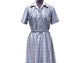 Vintage 70s blue and silver grey shirt dress with belt