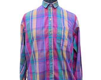 Vintage 80s Pink, Green, Yellow and Purple Long Sleeve Plaid