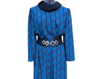 Vintage 70s or 80s blue and black large collar georgette polyester dress with belt
