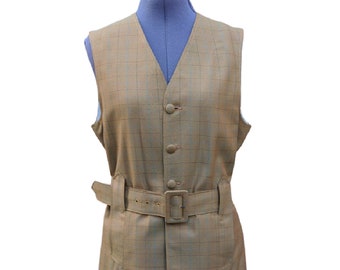 Vintage 90s ochre brown plaid belted long vest