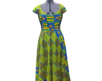 Vintage green, blue and ochre yellow African maxi dress