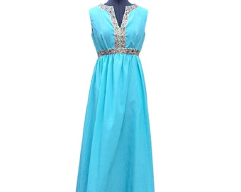 Vintage 60s pale blue empire waist maxi length dress with gold detail