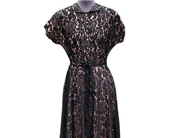 Vintage 50s black lace over pale pink dress