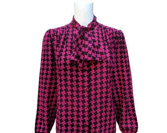 Vintage 80s silk magenta pink and black houndstooth prink blouse with cravat detail