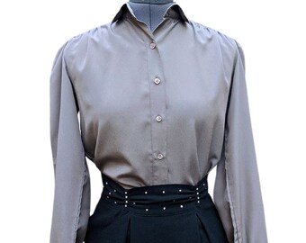 prairie blouse 1980s light taupe beige color silky light weight blouse with tie and buttons cowgirl western