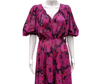 Vestido blusa vintage años 70 u 80 morado, rosa y negro con cinturón a juego